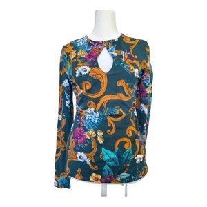 GUESS Teal Baroque Floral Print Keyhole Top Gold Scroll Design Size M